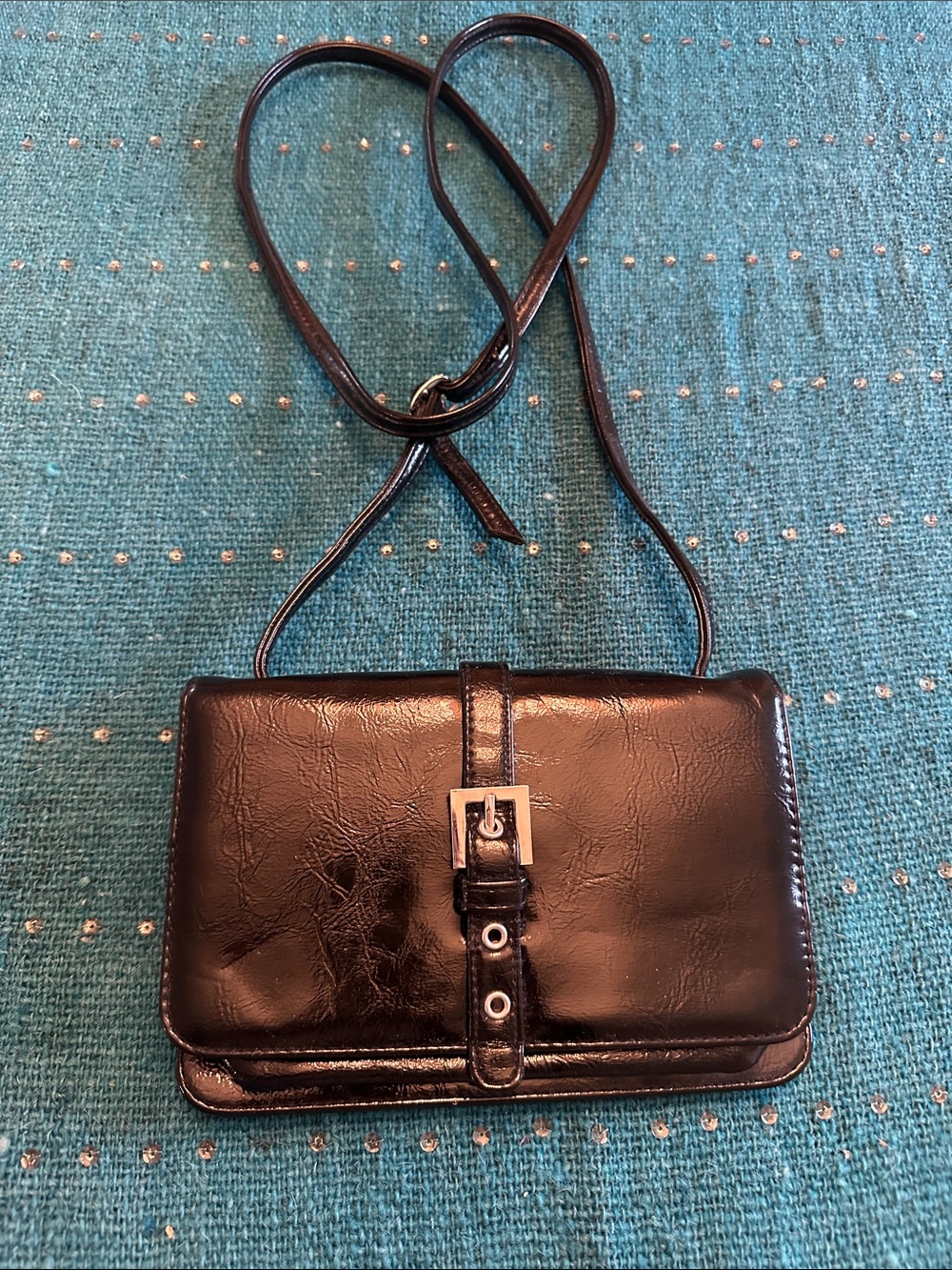 Rolfs Black Patent Crossbody Bag with Buckle Strap